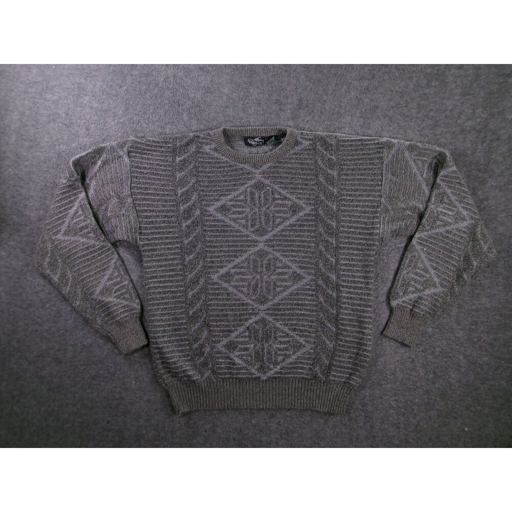 Kenny Rogers Sweater Mens L Gray Cable Knit Geometric Crewneck Pullover Textured